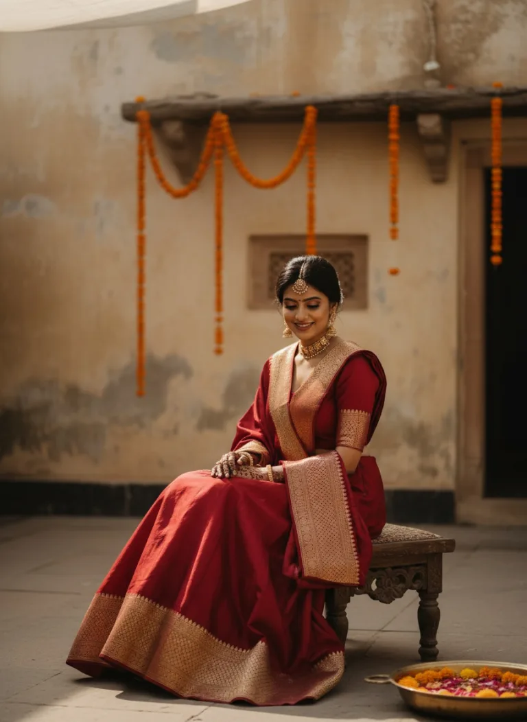 A bride in a deep red Banarasi silk lehenga seated in a sunlit courtyard