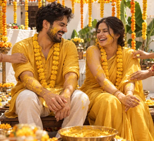 A bride and groom laughing as family hands smear turmeric paste on their arms in a sunlit courtyard