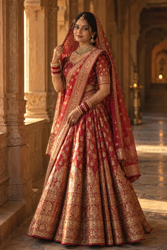 A bride in a red Banarasi silk lehenga with gold zari, lifting her dupatta away from her face