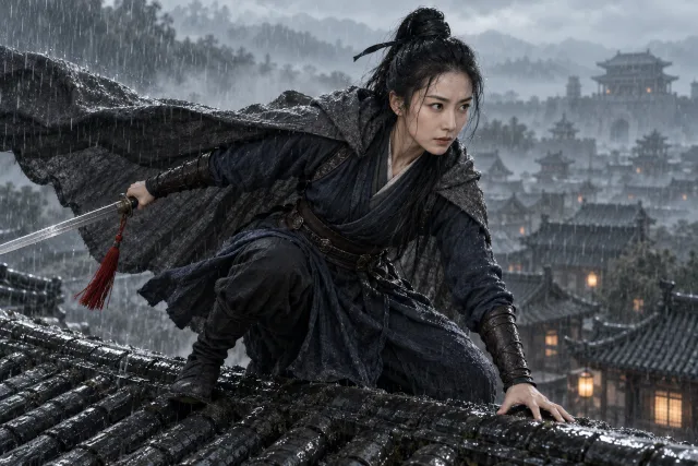 A swordswoman landing on a rain-soaked tiled rooftop, an ink-wash town fading into mist behind her