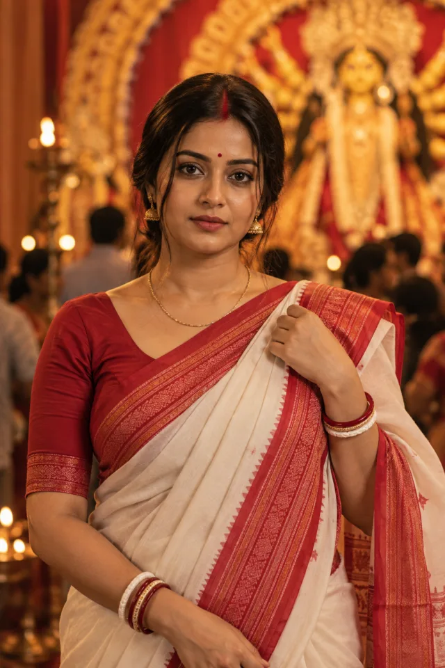 A woman in a white saree with a red border standing in a Durga Puja pandal, the idol soft behind her