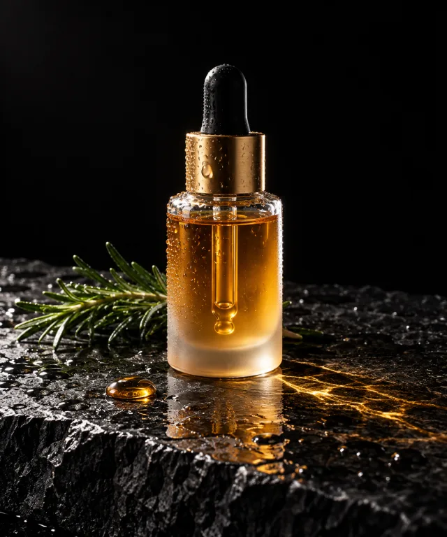 An unbranded amber serum bottle on wet black basalt, casting a bright caustic of light onto the stone