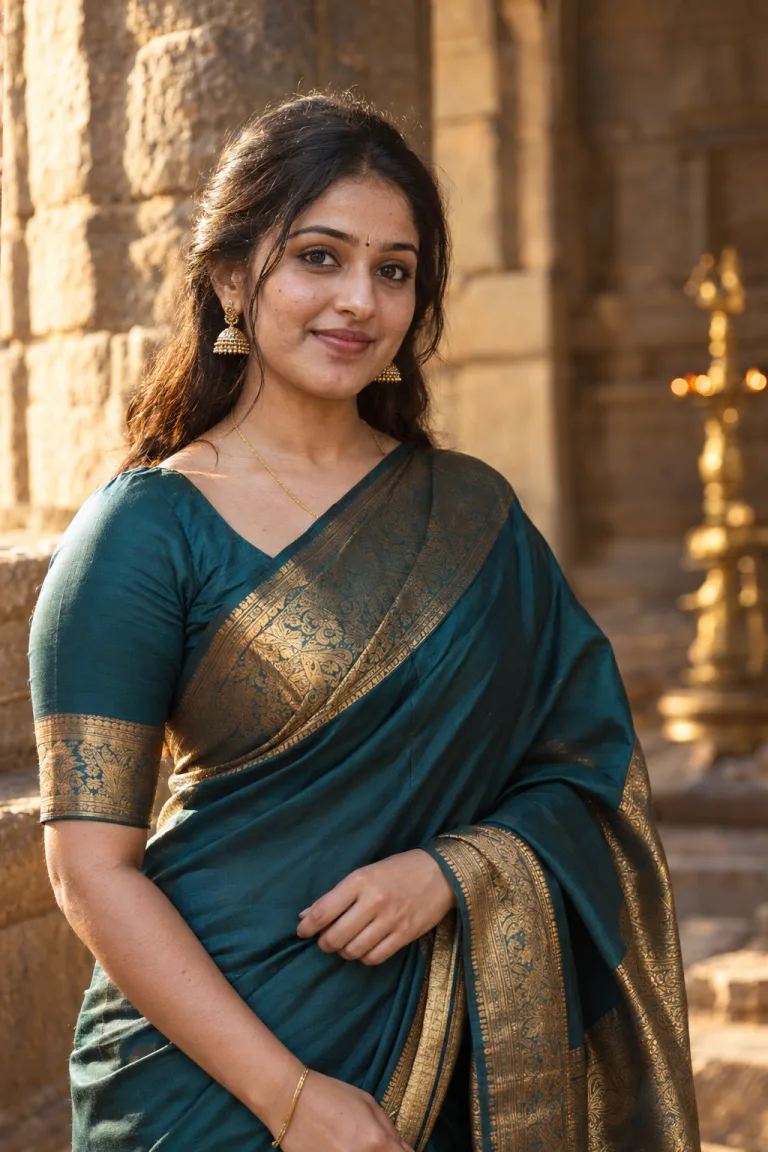 Kanjivaram saree portrait in late afternoon light